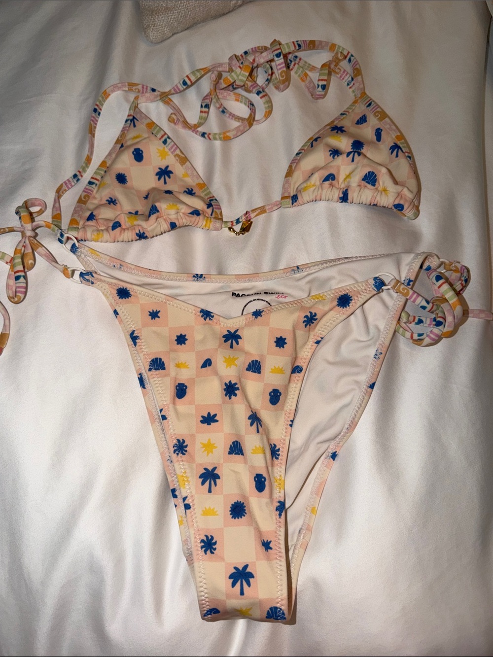 PacSun Peach Print Tie-Side Bikini with Blue & Yellow Motifs